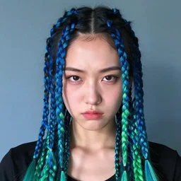 ugly girl selfie, braids blue and green, singular, junichi higashi, isamu imakake, intricate, balance, iphone camera, volumetric lighting, cinematic lighting, masterpiece
