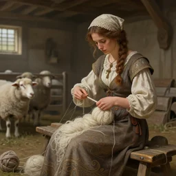 a lady spinning wool on an old sheep farm, deep focus, d & d, fantasy, intricate, elegant, highly detailed, digital painting, artstation, concept art, matte, sharp focus, illustration, hearthstone, art by artgerm and greg rutkowski and alphonse mucha