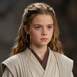 star wars portrait of a woman by greg rutkowski, jedi princess, she looks like kat dennings, wavy hair with two strands around her face, wearing a the jedi robes, she is about 2 0 years old, detailed portrait, sharp foccus, artstation hq.