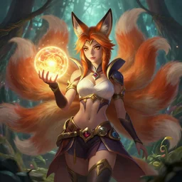 portrail | ahri!!!!!! | holding a glowing ball | the nine - tailed!!! fox | handbok!!! | mystical forest | fantasy | league of lengeds | very detailed | digital | woman | character | by natalie shau | by yuumei | by wlop