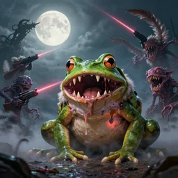 concept art of giant frog attack, lovecraftian, lots of teeth, melting horror, fluffy feathers, round moon, rich clouds, fighting the horrors of the unknown with laser guns, high resolution, very detailed, colorful, roaring, volumetric light, mist, grim