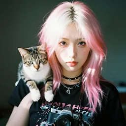 portrait of a pretty!!! woman, cat on their shoulder!! looking at the camera! godrays!! punk clothes, film camera around their neck!! pink and white hair!