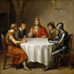 painting of king arthur and lancelot sitting at the round table, edward robert hughes