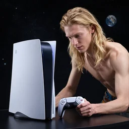 skinny guy with long blond hair plays playstation 5 in space