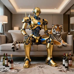 portrait photo of a shiny golden and blue metallic futuristic steampunk humanoid robot and a tiger sitting on a sofa in a modern hotel room, many bottles on the floor, pressphoto, insanely detailed, wide shot