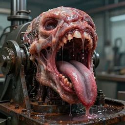 a close up of a wet glistening slick machine made of gums tongues and raw meat rust, in a factory, concept art by giger, cgsociety, assemblage, trypophobia, greeble, grotesque, biomechanical open mouth with tongues, industrial dripping drooling saliva ooze