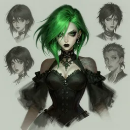 character concept of a female league of legends character, short green hair, dark eyes, gothic, wide hips, character concept art, headshot, charlie bowater, anna dittmann, wlop, rumiko takahashi, akihiko yoshida, hyung - tae kim, alexander mcqueen, trending on artstation