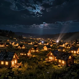 dark fairy - tale night in the village, glowing houses against the night sky, cinematic view, epic sky, detailed, concept art, low angle, high detail, warm lighting, volumetric, godrays, vivid, beautiful, trending on artstation, by jordan grimmer, huge scene, grass, art greg rutkowski