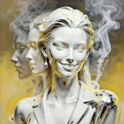 3 d, close - up, liquid chrome, smirk fashion model, smoke, poster art, high detail, intricate oil painting, multiple exposure, deep white and yellow color palette, hyperrealism, 3 d, by tooth wu and wlop and beeple and greg rutkowski
