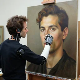 robot artist painting a self - portrait on a canvas. intricate, highly detailed, photorealistic, film still, by gil elvgren, sachin teng, hans thoma, alexandros pyromallis.