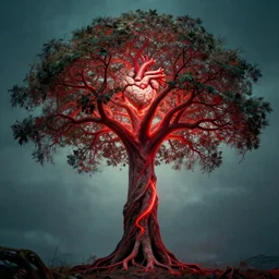 the tree of life brain heart holy grail, cinematic masterpiece, beautiful lighting, red veins