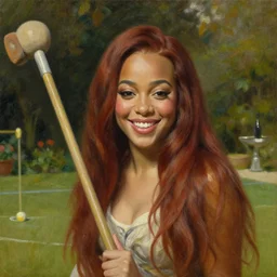 doja cat playing croquet in the garden, happy expression, smiling, beautiful symmetrical face, holding a croquet mallet, rule of thirds, golden ratio, oil on canvas, highly detailed, warm color scheme, soft lighting, sharp focus, adelaide labille - guiard, artemisia gentileschi