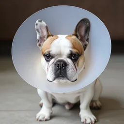 photo of a sad white and brown french bulldog with a cone around his head - n 9