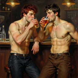 attractive muscular mike wearing pants with dark red hair with muscular attractive tyler with brunet hair, wearing pants drinking their hearts out, in a pub. very defined and highly detailed painting by gaston bussiere, j. c. leyendecker, craig mullins 8 k