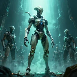 low wide perspective portrait photo of a hyperdetailed futuristic alien cyborg, magical scifi lightblue and jade studio lights, 3 d render, by wayne barlowe, by beeple, by artgerm, beksinski, rutkowski, peter gric, photorealistic, cinematic, dramatic backlighting, ominous electric atmosphere, photorealistic, using nikon d 8 1 0