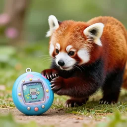 a red panda, playing a tamagachi, colorful
