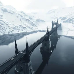a very long fantasy elfic black bridge across a lake, aerial view, diagonal composition, architectural, background of snowy mountain, matte painting by christophe young and raphael lacoste, trending on artstation