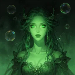 unique portrait of magical green ork female , dark fantasy, gradient green black, dreamy and ethereal, (colour) eyes, one head, golden ratio, peaceful expression, ornate frilly dress, fantasy, intricate, elegant, rainbow bubbles, highly detailed, digital painting, artstation, concept art, smooth,b sharp focus, illustration, art by artgerm and greg rutkowski and alphonse mucha