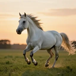A unicorn running in a field, photo realistic, with a sunset, professional photo