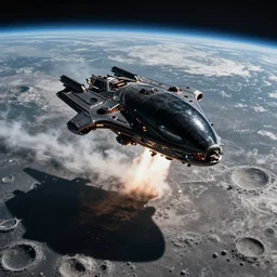an black alien spaceship taking off from the moon, earth in the background, cinematic, shadows, 4 k, detailed, by john berkey!!!!!! and peter jackson and ridley scott and beeple!!! and greg rutowski