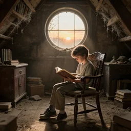 kid reading a book on an old chair in a dusty attic, old library covered by cobwebs, dusty dirty floor, sunset light through round old dusty windows, hyperdetailed, artstation, cgsociety, 8 k