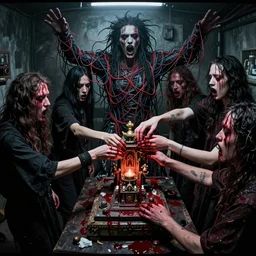 a photograph photo security camera footage of insane cultists to the machine god feeding a shrine to the machine wire god with their blood and tears