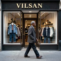 a man walking downtown on the sidewalk in front of a clothing store in the style of vivian maier