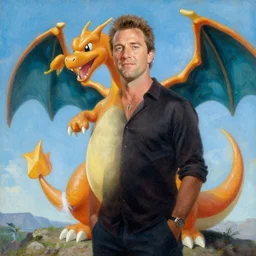 guy fieri with a charizard painting by gaston bussiere, craig mullins