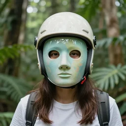 portrait of an editorial model with pastel fiberglass mask helmet reflective light standing in a bright jungle detailed portrait photo 8k HD detailed 105mm f2.8