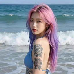 beautiful asian girl with tattoo's and blue pink purple hair looking in the camera with sea with big waves in the background, portrait, 8 k, digital art