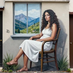 A beautiful street art of of a woman with long curly hair, wearing a white dress and sitting in a chair in front of a window with a view of a mountainside.  by Ryan McGinley hideous