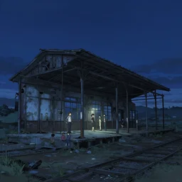 abandoned train station at the end of the world, dystopic landscape at midnight with a clear night sky, detailed concept art illustration by akihiko yoshida and jean baptiste monge and makoto shinkai and wlop and and tsutomu nihei, 4 k artstation