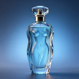 an elegantly designed perfume bottle, in the form of a woman, half filled with liquid, very detailed, high refraction, soft blue volumetric lighting, dof narrow, octane render uhd, made by rene lalique