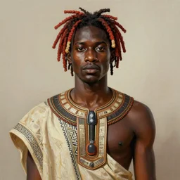 a professionally painted african male model , clothed in ancient street wear, dark skin, reddish gold dreadlocks hair, beautiful bone structure, symmetrical features, intricate, elegant, digital painting, smooth, soft focus, illustration, made by Kehinde Wiley, Kara Walker, Jacob Lawrence, Sam Gilliam, Edmonia Lewis,