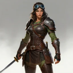 full character image of : gender : female, race : orc, job : bounty hunter, weapon : katana, clothes : leather armor, accessories : goggles, body type : strong hair style : wavy, concept art, trending on artstation hd.