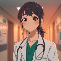 a film still of a cute doctor in white coat, hospital ward, sunset lighting, perfect faces, fine details, anime, stephan koldi