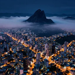 fanciful artwork of belo horizonte minas gerais brazil, trending on artstation, aerial photo, digital art, mountain, retrowave style, fog, city at night