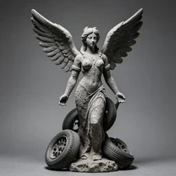 hand made statue of artemis made from car wheels, detailed but rough, 4 k photo, excellent light and shadows, sony 1 7 5 mm