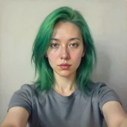 a schizophrenic woman with green hair wearing a cool grey shirt, selfie portrait picture, by ross tran, oil on canvas