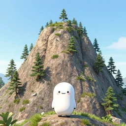 a mountain with small pine trees attached, standing in front of camera, cute animated character,