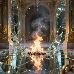 broken glass in a hall of mirrors small fire in center, smoke, puddles of water, dripping water with reflections, trending on artstation. sparkles, shine glimmer, glowing outlines, unreal engine octane, trending on deviantart intricate, hdr, metallic colors, intricate, elite, ornate, elegant, luxury, insane details, intricate,