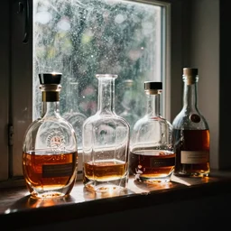 sunlight shining through bourbon decanters in a window, high contrast, film grain, dust motes in the air
