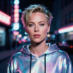 A hyper realistic and detailed head portrait photography of Charlize Theron of Atomic Blonde in iridescent-digital hoodie on a futuristic street. by Annie Leibovitz. Neo noir style. Cinematic. neon lights glow in the background. Cinestill 800T film. Lens flare. Helios 44m