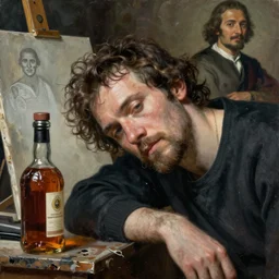 dostoyevsky as an exhausted painter in his studio with a whiskey bottle by edgar maxence and caravaggio and michael whelan, intricate painting, hyper realistic, extremely detailed and beautiful aesthetic face, 8 k resolution