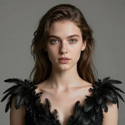 meredit frampton and craig mullins style : hight focus of a wonderful realistic focused sweet wonderful symmetrical headshot portrait of a lonely very beautiful goddess, with a dress that is like a realistic black plumes, dramatic light, octane render - 8 k