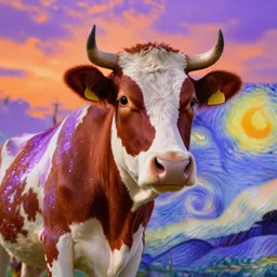 photo of real cow, the sky looks orange and purple neon detailed and shinny glitter art, background in van gogh style