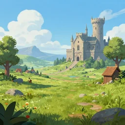 medieval fantasy meadow landscape, digital art, trending on artstation, cartoon style, 4k, hd