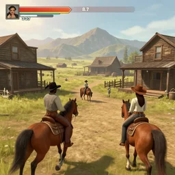 screenshot of gameplay game set in 1 8 3 7 old west saloon featuring african american and japanese cowboys and cowgirls in ghost town, morning light with mountains in the background