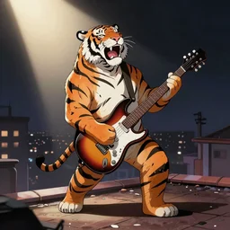 A heavy metal tiger standing on a rooftop while singing and jamming on an electric guitar under a spotlight. anime illustration