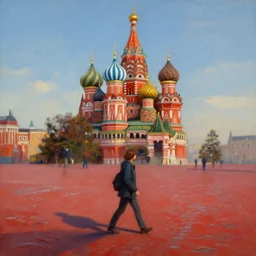 walking across the red square in russia,, volumetric shadows, volumetric lighting, concept art, trending on art station, realistic oil painting by zdzisław beksinski